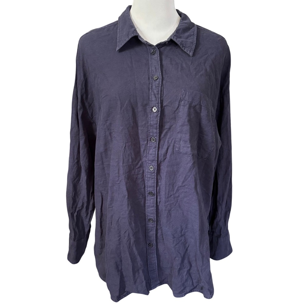 Anthropologie Maeve The Bennet Buttondown Sz M Indigo Blue Linen Blend Oversized
